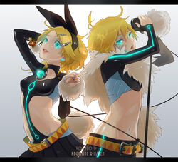  1boy alternate_costume aqua_eyes bad_id bad_pixiv_id belt blonde_hair breasts brother_and_sister cable feather_boa female gem glowing glowing_eyes hair_ornament hair_ribbon hairband hairclip kagamine_len kagamine_rin letterboxed lipstick long_sleeves makeup microphone microphone_stand midriff navel neon_trim nokuran otoko_no_ko photoshop_(medium) ribbon short_hair siblings skin_tight small_breasts vocaloid 