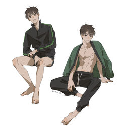  1boy abs absurdres bajiaoxh barefoot black_pants black_shorts brown_eyes brown_hair chinese_commentary commentary dated haiji_kiyose highres jacket kaze_ga_tsuyoku_fuiteiru male_focus multiple_views pants scar shorts sitting track_jacket 