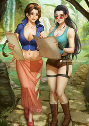  2girls aqua_leotard artist_name black_gloves black_hair blue_eyes blue_jacket boots braid braided_ponytail breasts brown_eyes brown_footwear brown_hair brown_shorts cleavage collarbone cosplay costume_switch cropped_jacket crossover day eyewear_on_head fingerless_gloves geravass gloves highres holding holding_map jacket lara_croft lara_croft_(cosplay) large_breasts legs legs_together leotard long_hair map midriff multiple_girls navel nico_robin nico_robin_(cosplay) one_piece orange-tinted_eyewear outdoors patreon_logo patreon_username red-tinted_eyewear round_eyewear sarong short_shorts shorts signature standing thighs tinted_eyewear tomb_raider toned web_address 