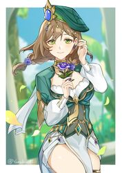  absurdres beret braid breasts brown_hair commentary_request earrings female flower flower_earrings gem genshin_impact gold_trim green_eyes green_hat hair_flower hair_ornament hair_over_shoulder hat highres holding holding_flower jewelry large_breasts lisa_(a_sobriquet_under_shade)_(genshin_impact) lisa_(genshin_impact) long_sleeves looking_at_viewer medium_hair neck_ring necklace official_alternate_costume pelvic_curtain puffy_long_sleeves puffy_sleeves purple_flower purple_rose rose short_braid sidelocks skirt solo standing twin_braids white_skirt yamabuki0211 