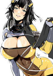  black_hair blush bodysuit breasts club3 female fingerless_gloves gloves grey_eyes highres huge_breasts leaning_forward long_hair looking_at_viewer multicolored_bodysuit multicolored_clothes siris_(snowbreak) skin_tight skindentation snowbreak:_containment_zone solo white_background 