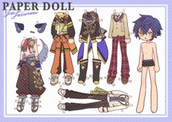  1boy absurdres animal_ears bad_id bad_pixiv_id black_footwear black_jacket black_male_underwear black_pants blazer blue_border blue_hair boots border brown_jacket deformed ensemble_stars! hair_between_eyes highres idol_clothes jacket kisekae knee_boots long_sleeves looking_at_viewer male_focus male_underwear meremero open_mouth orange_pants pants red_pants sazanami_jun shoes short_hair tail underwear white_background wolf_ears wolf_tail yellow_eyes 