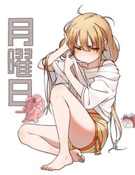  :t alarm_clock bare_shoulders barefoot blonde_hair brown_eyes clock clothes_pull dot_nose feet female flat_chest full_body futaba_anzu hand_on_own_head highres idolmaster idolmaster_cinderella_girls idolmaster_cinderella_girls_starlight_stage kakaobataa knee_up lifting_own_clothes long_hair looking_to_the_side low_twintails messy_hair midriff_peek monday navel off_shoulder pout shirt shirt_pull short_sleeves shorts sitting solo striped_clothes striped_shorts stuffed_animal stuffed_rabbit stuffed_toy toenails toes translated twintails two-tone_shorts very_long_hair white_background white_shirt 