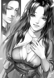  1boy aida_yukimasa breasts cleavage_cutout clothing_cutout dress fata_morgana_no_yakata female greyscale grin hand_on_own_chest highres long_hair looking_at_viewer medium_breasts monochrome moyatarou non-web_source novel_illustration official_art pauline_asama ponytail short_hair sidelocks smile solo_focus upper_body 