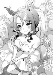  animal_ears blush breasts cleavage closed_mouth dated elbow_gloves female flower from_above gloves greyscale horse_ears horse_girl king_halo_(evergreen_identity)_(umamusume) king_halo_(umamusume) koruri long_hair medium_breasts monochrome official_alternate_costume smile solo twitter_username umamusume 