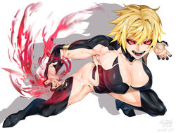  black_sclera blonde_hair breasts colored_sclera commentary_request commission dated drop_shadow female fighting_stance full_body high_heels highres large_breasts looking_at_viewer magic muscular muscular_female open_mouth original red_eyes revealing_clothes shin_(ultramarine430) short_hair signature skeb_commission slit_pupils solo teeth very_short_hair white_background 