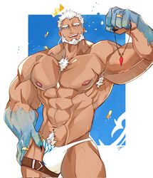  1boy abs aegir_(housamo) aqua_hair armpit_hair armpits bara beard blue_eyes bulge coin cowboy_shot dark-skinned_male dark_skin facial_hair fins fish_boy floating_crown full_beard highres jewelry kasudachan large_pectorals leg_belt looking_at_viewer male_focus male_swimwear mature_male multicolored_hair muscular muscular_male navel navel_hair nipples pectorals pendant ring short_hair solo standing stomach streaked_hair thick_beard thick_eyebrows thick_thighs thighs tokyo_afterschool_summoners tsurime v-taper white_hair white_male_swimwear 