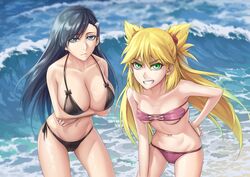  2girls :d arms_under_breasts bare_arms bikini black_bikini black_hair blonde_hair blue_eyes breast_hold breasts breasts_apart burn_the_witch cleavage collarbone commentary cowboy_shot curvy day expressionless eyelashes eyes_visible_through_hair floating_hair green_eyes grin groin halterneck hand_on_own_hip highres large_breasts leaning_forward long_hair multiple_girls navel niihashi_noel ninny_spangcole ocean outdoors pink_bikini sakuya_(liao_kj) side-tie_bikini_bottom skindentation small_breasts smile straight_hair swept_bangs swimsuit tsurime twintails two_side_up upturned_eyes v-shaped_eyebrows very_long_hair waves 