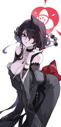  1-5iro absurdres bare_shoulders black_hair blue_archive breasts choker cleavage collarbone earrings eyeliner female grey_kimono hair_ornament hair_stick halo highres japanese_clothes jewelry kimono kokuriko_(blue_archive) large_breasts long_hair long_sleeves looking_at_viewer makeup obi off_shoulder open_mouth opera_glasses red_eyes red_lips sash sidelocks solo spider_web_pattern tassel wide_sleeves 