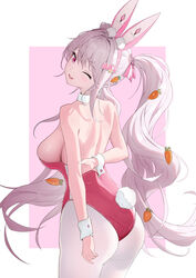  absurdres alice_(nikke) alice_(wonderland_bunny)_(nikke) animal_ears arched_back arm_behind_back ass bare_arms bare_back bare_shoulders border breasts carrot_hair_ornament character_name closed_mouth commentary cowboy_shot detached_collar fake_animal_ears fake_tail female fingernails food-themed_hair_ornament from_behind goddess_of_victory:_nikke grey_hair hair_intakes hair_ornament hair_ribbon hairband hairclip hand_on_own_arm highres large_breasts leotard long_hair looking_at_viewer looking_back luoboko official_alternate_costume one_eye_closed outside_border pantyhose parted_lips pink_background pink_eyes pink_hairband pink_leotard pink_ribbon playboy_bunny pom_pom_(clothes) pom_pom_hair_ornament rabbit_ears rabbit_tail ribbon simple_background smile solo standing strapless strapless_leotard striped_ribbon symbol-only_commentary tail teeth twintails upper_teeth_only very_long_hair white_border white_pantyhose wrist_cuffs 