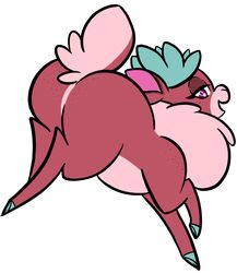  2023 antlers ass big_butt blue_antlers cloven_hooves countershade_fur countershading deer digital_drawing_(artwork) digital_media_(artwork) female feral fluffy full-length_portrait fur hi_res hooves horn jumping mammal new_world_deer pink_body pink_fur pomfy_(tfh) portrait quadruped reindeer scut_tail shinkaku short_tail simple_background solo tail them&#039;s_fightin&#039;_herds white_background 