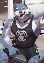  1boy absurdres animal_collar animal_ear_fluff animal_ears arm_up armpit_hair bara black_shorts black_tank_top bulge closed_eyes collar collarbone dislyte feet_out_of_frame freddy_(fenrir)_(dislyte) furry furry_male gym hand_on_own_leg highres indoors kenjilo_(kenjilokung) light_blush male_focus muscular muscular_male scar scar_across_eye scar_on_arm scar_on_face scar_on_mouth sharp_teeth shorts sitting snout solo sweat tail tank_top teeth two-tone_fur variant_set white_fur wolf_boy wolf_ears wolf_tail 