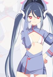  alternate_costume armband bitseon blue_archive blue_armband blue_hair blue_hat blue_skirt breasts bright_pupils closed_mouth commentary_request cosplay cowboy_shot djmax fail_(djmax) fail_(djmax)_(cosplay) female fubuki_(blue_archive) grey_hair halo hat highres long_hair long_sleeves looking_at_viewer multicolored_hair peaked_cap pink_halo red_eyes revision shrug_(clothing) simple_background skirt small_breasts solo twintails very_long_hair white_background white_pupils zoom_layer 