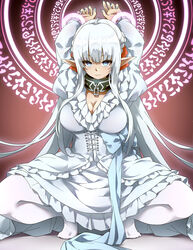  absurdres blue_eyes blue_ribbon bound bound_arms braid breasts cleavage collar commission corset dress elf expressionless eyebrows_hidden_by_hair female frilled_dress frills full_body hair_between_eyes hair_ribbon highres large_breasts large_ribbon lone_exiler long_hair looking_at_viewer magic_circle maou_no_ore_ga_dorei_elf_wo_yome_ni_shitanda_ga_dou_medereba_ii? metal_collar nephelia pointy_ears red_ribbon ribbon solo squatting thighhighs very_long_hair waist_ribbon white_corset white_dress white_hair white_thighhighs 