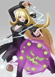  :d arm_up black_coat black_pants black_shirt blonde_hair breasts cleavage coat commentary_request cynthia_(pokemon) female finger_gun fur-trimmed_coat fur-trimmed_sleeves fur_collar fur_trim grey_background grey_eyes hair_ornament hair_over_one_eye highres holding holding_poke_ball large_breasts long_hair looking_at_viewer menka_(menka_wata) open_mouth pants poke_ball poke_ball_(basic) pokemon pokemon_(creature) pokemon_dppt shirt simple_background smile spiritomb standing standing_on_one_leg very_long_hair 