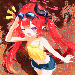  alternate_costume black_horns blue_archive blue_shorts collarbone cowboy_shot day demon_horns female from_above halo highres horns junko_(blue_archive) long_hair looking_at_viewer mutsuse oerba_yun_fang one_eye_closed open_mouth outdoors pointy_ears red_eyes red_hair red_halo shadow shorts skin_fang smile solo twintails 