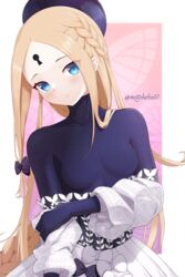  abigail_williams_(event_portrait)_(fate) abigail_williams_(fate) black_hat black_shirt blonde_hair blue_eyes blush bodystocking bow braid braided_ponytail breasts dress dress_bow fate/grand_order fate_(series) female forehead hat highres keyhole long_hair long_sleeves looking_at_viewer motokebo17 off_shoulder parted_bangs parted_lips shirt sidelocks small_breasts solo very_long_hair white_dress 