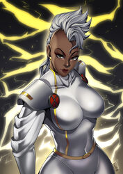  absurdres armor bodysuit breasts brown_eyes dark-skinned_female dark_skin earrings female highres jewelry large_breasts lightning lightning_bolt_earrings lightning_bolt_symbol looking_at_viewer marvel mohawk ororo_munroe pauldrons shoulder_armor storm_(x-men) tre_artz white_bodysuit white_hair x-men x-men:_the_animated_series 