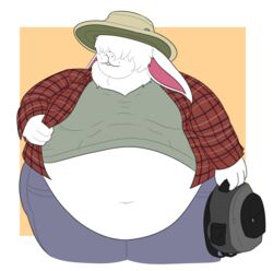  2019 4_fingers anthro backpack belly big_belly border bottomwear brimmed_hat brown_clothing brown_hat brown_headwear buckteeth clothing digital_drawing_(artwork) digital_media_(artwork) duke_(shishkababoo) fingers flat_colors fur green_clothing green_shirt green_topwear grey_backpack grey_bottomwear grey_clothing grey_pants hair hair_over_eyes hat headgear headwear hi_res holding_backpack holding_clothing holding_object holding_shirt holding_topwear huge_thighs lagomorph leporid long_ears male mammal markings moobs navel neck_tuft obese obese_male overweight overweight_male pants pattern_clothing pattern_shirt pattern_topwear pink_inner_ear plaid plaid_clothing plaid_shirt plaid_topwear pockets rabbit shirt simple_background solo square standing teeth theannoyingnpc thick_thighs topwear tuft whisker_markings white_body white_border white_fur white_hair wide_hips 