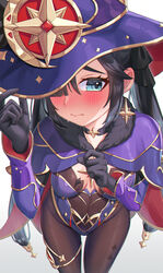  aqua_eyes black_choker black_gloves black_hair blush breast_cutout breasts capelet choker clothing_cutout compass_rose covered_navel crescent crescent_hat_ornament female fur-trimmed_capelet fur_trim genshin_impact gloves gold_trim hat hat_ornament highres leotard long_hair mikoto_(0709mikoto) mona_(genshin_impact) pantyhose small_breasts solo thighlet twintails very_long_hair vision_(genshin_impact) witch_hat 