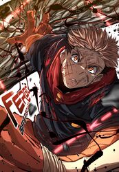  1boy absurdres artist_name black_hair black_shirt blood blood_on_clothes claws crack cracked_wall curse_energy dotted_line fade_(haircut) fergoart highres itadori_yuuji jujutsu_kaisen pink_hair red_eyes red_hood scar scar_on_face serious shirt 