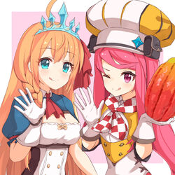  2girls :q ;q ahoge ame. blue_eyes blush braid breasts checkered cleavage closed_mouth commentary_request crossover dress duplicate food gloves hair_between_eyes hands_up hat highres holding holding_food long_hair medium_breasts multiple_girls one_eye_closed orange_hair parfait_(world_flipper) pecorine_(princess_connect!) pink_background pink_hair pixel-perfect_duplicate princess_connect! puffy_short_sleeves puffy_sleeves purple_eyes short_sleeves shrug_(clothing) smile tiara tongue tongue_out two-tone_background upper_body very_long_hair white_background white_dress white_gloves white_headwear world_flipper 