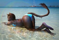  ass balls beach bent_over bikini canid canine canis clothed clothing femboy fur genitals hi_res jackal kiloart male mammal outside photo_manipulation photomorph presenting public sea seaside seductive solo swimwear third-party_edit water 