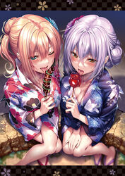  2girls ;p aqua_eyes ayase_kaya ayase_touka_(piromizu) blonde_hair blush breasts candy_apple chocolate_banana cleavage collarbone comic_exe cover cover_image cover_page crossed_bangs eyelashes fellatio festival fingernails floral_print flower food from_above hair_between_eyes hair_flower hair_ornament half-closed_eyes highres holding holding_food japanese_clothes kimono large_breasts letterboxed licking long_fingernails long_hair long_sleeves looking_at_viewer multiple_girls nail_polish night obi one_eye_closed open_mouth oral outdoors pink_nails piromizu print_kimono purple_hair purple_kimono red_nails saliva saliva_trail sandals sash sexually_suggestive siblings sidelocks simulated_fellatio sistart! sisters smile summer_festival tongue tongue_out white_kimono yukata 