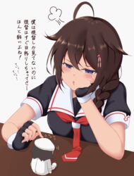  88942731ne admiral_(kancolle) ahoge anger_vein black_gloves black_hair black_shirt blue_eyes braid chibi elbow_rest female fingerless_gloves gloves hair_between_eyes hair_ornament kantai_collection long_hair looking_at_object neckerchief pout red_neckerchief sailor_collar school_uniform serafuku shigure_(kancolle) shigure_kai_ni_(kancolle) shirt short_sleeves single_braid sitting speech_bubble table translation_request white_background white_sailor_collar 