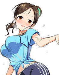  ayase_honoka blue_shirt blush bow breasts breath brown_eyes brown_hair commentary dot_nose female flying_sweatdrops green_bow grey_pants idolmaster idolmaster_cinderella_girls idolmaster_cinderella_girls_starlight_stage long_hair looking_at_viewer medium_breasts midriff_peek navel open_mouth pants ponytail shirt short_sleeves simple_background smile solo sousakubito sweat sweaty_clothes tied_shirt upper_body white_background 