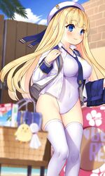  azur_lane bird blonde_hair blue_eyes blue_necktie blue_sky blunt_bangs blurry brick_wall chick cloud commentary_request competition_swimsuit day depth_of_field eyes_visible_through_hair feet_out_of_frame female highres icarus_(azur_lane) icarus_(nereid&#039;s_discovery)_(azur_lane) jacket kuro_chairo_no_neko long_hair manjuu_(azur_lane) necktie official_alternate_costume one-piece_swimsuit outdoors royal_navy_emblem_(azur_lane) school_uniform skirt sky solo swimsuit swimsuit_under_clothes teruterubouzu thighhighs unworn_skirt white_jacket white_one-piece_swimsuit white_thighhighs 