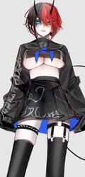  absurdres bad_id bad_twitter_id black_hair black_serafuku black_skirt black_thighhighs blue_eyes blue_neckerchief breasts chains closed_mouth crop_top demon_girl demon_horns doryudory expressionless feet_out_of_frame female grey_background hair_between_eyes hair_ornament highres horns large_breasts looking_at_viewer looking_down multicolored_hair nanashi_inc. neckerchief no_headwear official_alternate_costume pleated_skirt pointy_ears red_hair ringed_eyes ryugasaki_rene ryugasaki_rene_(3rd_costume) school_uniform serafuku short_hair simple_background skirt sleeves_past_fingers sleeves_past_wrists solo spiked_thighlet sugar_lyric thighhighs tusks two-tone_hair underboob virtual_youtuber x_hair_ornament 