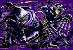  2boys another_rider_(zi-o) another_shinobi_(zi-o) claws dual_persona glowing glowing_eyes highres index_finger_raised kamen_rider kamen_rider_shinobi kamen_rider_zi-o_(series) katana kunai male_focus mask monster multiple_boys ninja purple_scarf purple_theme scarf skull skull_mask squatting sword tokusatsu weapon wrapping y_a_m_a_y_a yellow_eyes 