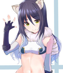  \||/ animal_ear_fluff animal_ears arm_at_side bare_shoulders black_hair blush capelet closed_mouth crop_top female fingerless_gloves fur_capelet gloves hair_between_eyes hair_ornament hand_up highres long_hair looking_at_viewer multicolored_hair navel princess_connect! shimon_(31426784) shiori_(princess_connect!) simple_background smile solo tiger_ears tiger_girl two-tone_hair underwear upper_body white_background white_hair yellow_eyes 