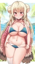  azur_lane bad_id bad_pixiv_id beach bikini blonde_hair blue_bikini blush braid braided_bun breasts choker commentary criss-cross_halter day double_bun feather_boa female formidable_(azur_lane) formidable_(the_lady_of_the_beach)_(azur_lane) hair_bun halterneck highres hinen huge_breasts long_hair multi-strapped_bikini_bottom multi-strapped_bikini_top navel official_alternate_costume outdoors palm_tree pink_choker red_eyes single_thighhigh skindentation solo swimsuit thighhighs tree very_long_hair water white_thighhighs 