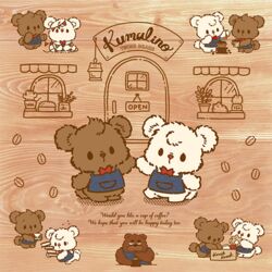  1:1 2022 anthro apron bear beverage biped black_eyes bow_tie brown_body chibi clothing coffee container cup dot_eyes drip_(kumalino) duo english_text kumalino mammal mug official_art polar_bear roast_(kumalino) sanrio syrup_(kumalino) text unknown_artist ursine white_body 