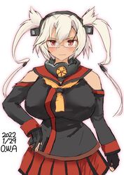  adapted_costume black_gloves black_skirt breasts cosplay cowboy_shot dark-skinned_female dark_skin detached_sleeves female gloves grey_hair highres kantai_collection kikumon large_breasts long_hair looking_at_viewer musashi_(kancolle) one-hour_drawing_challenge owa_(ishtail) partially_fingerless_gloves pleated_skirt red_eyes red_shirt shirt simple_background skirt sleeveless sleeveless_shirt solo twintails white_background yamato_(kancolle) yamato_(kancolle)_(cosplay) 