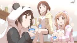  3girls :d aikawa_chiho animal_costume animal_ears animal_hood breasts brown_eyes brown_hair camisole cleavage closed_mouth commentary_request cup disposable_cup drinking_straw fake_animal_ears feet_out_of_frame hair_ribbon hairband hasegawa_fumi holding holding_cup hood hood_down hooded_jacket indoors jacket knees_up long_sleeves lying medium_breasts multiple_girls okano_kei on_stomach open_clothes open_jacket panda_costume panda_ears panda_hood parted_bangs pink_hairband pink_ribbon ponytail ribbon sidelocks signature sitting sleeves_past_wrists smile striped_clothes striped_jacket swept_bangs umiroku v-shaped_eyebrows white_camisole yellow_jacket yuyushiki 