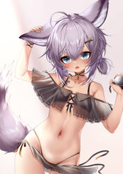  ahoge animal_ears arknights arm_up bare_shoulders bikini black_bikini blue_eyes blush collarbone commentary ehart female fox_ears fox_girl fox_tail hair_between_eyes hair_ornament hairclip hand_up head_tilt highleg highleg_bikini highres holding long_hair looking_at_viewer low_twintails material_growth navel off-shoulder_bikini off_shoulder open_mouth oripathy_lesion_(arknights) purple_hair see-through solo sussurro_(arknights) sussurro_(summer_flower)_(arknights) swimsuit symbol-only_commentary tail twintails x_hair_ornament 