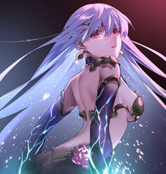  arched_back armband back bare_shoulders breasts circlet cleavage commentary_request earrings eyes_visible_through_hair fate/grand_order fate_(series) female flower from_behind grey_hair hair_between_eyes highres jewelry kama_(fate) kama_(third_ascension)_(fate) long_hair looking_at_viewer looking_back medium_breasts red_eyes sleeveless solo very_long_hair wingtemple 