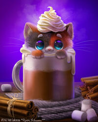  2022 4:5 ambiguous_gender beverage black_body black_fur blue_eyes calico_cat candy chocolate cinnamon_(spice) cinnamon_stick coaster container cup dairy_products dessert digital_media_(artwork) digital_painting_(artwork) domestic_cat felid feline felis female feral food fur hot_chocolate humor looking_at_viewer mammal marshmallow mottled mug orange_body orange_fur piebald piper_thibodeau pun smile solo whipped_cream whiskers white_body white_fur young young_ambiguous young_female young_feral 