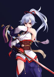  detached_sleeves fate/grand_order fate_(series) female fingerless_gloves gloves grey_hair hair_between_eyes hair_ribbon haka_(djawnsgtlr) highres holding holding_sword holding_weapon katana long_hair photoshop_(medium) ponytail red_eyes red_ribbon ribbon sash simple_background single_detached_sleeve smile solo sword tomoe_gozen_(fate) turtleneck upper_body weapon 