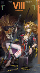  animal_ears arknights artist_name baijiin_poison black_background black_choker black_footwear black_jacket blonde_hair boots bracelet breasts capri_pants chair character_name choker cleavage closed_mouth clothes_writing commentary_request copyright_name crossed_legs english_text eyepatch female hachimaki headband highres jacket japanese_clothes jewelry kimono large_breasts leather_chair lion lion_ears long_hair nejiri_hachimaki open_clothes open_jacket pants partial_commentary qr_code short_sleeves siege_(arknights) sitting solo star_(symbol) strength_(tarot) striped striped_background tarot tarot_(medium) v-shaped_eyebrows war_hammer weapon white_pants yellow_eyes 