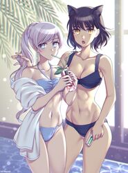  2girls animal_ear_fluff animal_ears artist_name bikini black_bikini black_hair blake_belladonna blue_bikini blue_eyes blurry blurry_background breasts cat_ears cleavage collarbone cowboy_shot drinking_straw groin hand_in_another&#039;s_hair highres holding kio_rojine long_hair medium_breasts multiple_girls navel open_mouth ponytail rwby short_hair slit_pupils small_breasts standing swimsuit toned very_long_hair weiss_schnee yellow_eyes 