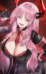  black_gloves blue_archive bra breasts cleavage coin coin_on_string commentary demon_horns fangs female gloves hand_on_own_hip highres holding_pendulum holed_coin horns kaji_zarame large_breasts long_hair looking_at_viewer military military_uniform mole mole_on_breast necktie open_mouth pendulum pink_eyes pink_hair red_bra red_necktie satsuki_(blue_archive) signature smile solo underwear uniform 