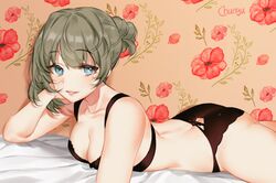  blue_eyes bra chungu green_hair idolmaster idolmaster_cinderella_girls panties short_hair takagaki_kaede underwear waifu2x watermark 