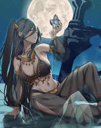  :d absurdres bare_shoulders bikini black_bikini black_hair blush breasts cleavage collarbone commentary crystal dancer detached_sleeves egyptian feet_out_of_frame female full_moon green_eyes hair_between_eyes harem_pants highres isemori jewelry large_breasts long_hair long_sleeves looking_at_viewer moon navel necklace night night_sky one_side_up open_mouth original pants see-through sitting sky smile solo star_(sky) starry_sky swimsuit very_long_hair 