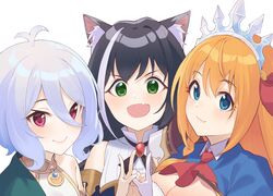  3girls :3 animal_ear_fluff animal_ears antenna_hair ascot bare_shoulders black_hair blue_eyes blush breasts cat_ears cat_girl cleavage closed_mouth green_eyes hair_between_eyes hair_ornament high_collar highres index_finger_raised karyl_(princess_connect!) kokkoro_(princess_connect!) long_hair multicolored_hair multiple_girls oerba_yun_fang open_mouth orange_hair pecorine_(princess_connect!) princess_connect! red_ascot red_eyes shimon_(31426784) short_hair simple_background skin_fang smile streaked_hair tiara white_background white_hair 