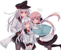  3girls belt black_belt black_bow black_headwear black_skirt blue_eyes blue_shawl blush bow breasts brown_hair country_connection fingerless_gloves flat_cap gangut_(kancolle) gangut_dva_(kancolle) gloves grey_hair hair_between_eyes hair_ornament hairbow hairclip hat hibiki_(kancolle) jacket kantai_collection konno_kengo long_hair long_sleeves looking_at_viewer low_twintails military multiple_girls one_eye_closed open_mouth peaked_cap pleated_skirt red_shirt scar scar_on_cheek scar_on_face scarf school_uniform serafuku shawl shirt simple_background skirt smile star_(symbol) tashkent_(kancolle) torn_clothes torn_scarf translated twintails untucked_shirt unworn_headwear verniy_(kancolle) white_background white_hair white_jacket white_scarf 