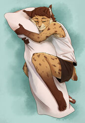  2022 4_toes 5_fingers aidan_(sryer) anthro black_clothing black_underwear boxers_(clothing) cheek_tuft clothed clothing digital_media_(artwork) ear_tuft eurasian_lynx facial_tuft feet felid feline fingers fur hi_res hug hugging_object hugging_pillow lynx male mammal novikjpg pillow simple_background sleeping smile solo tan_body tan_fur toes tuft underwear 